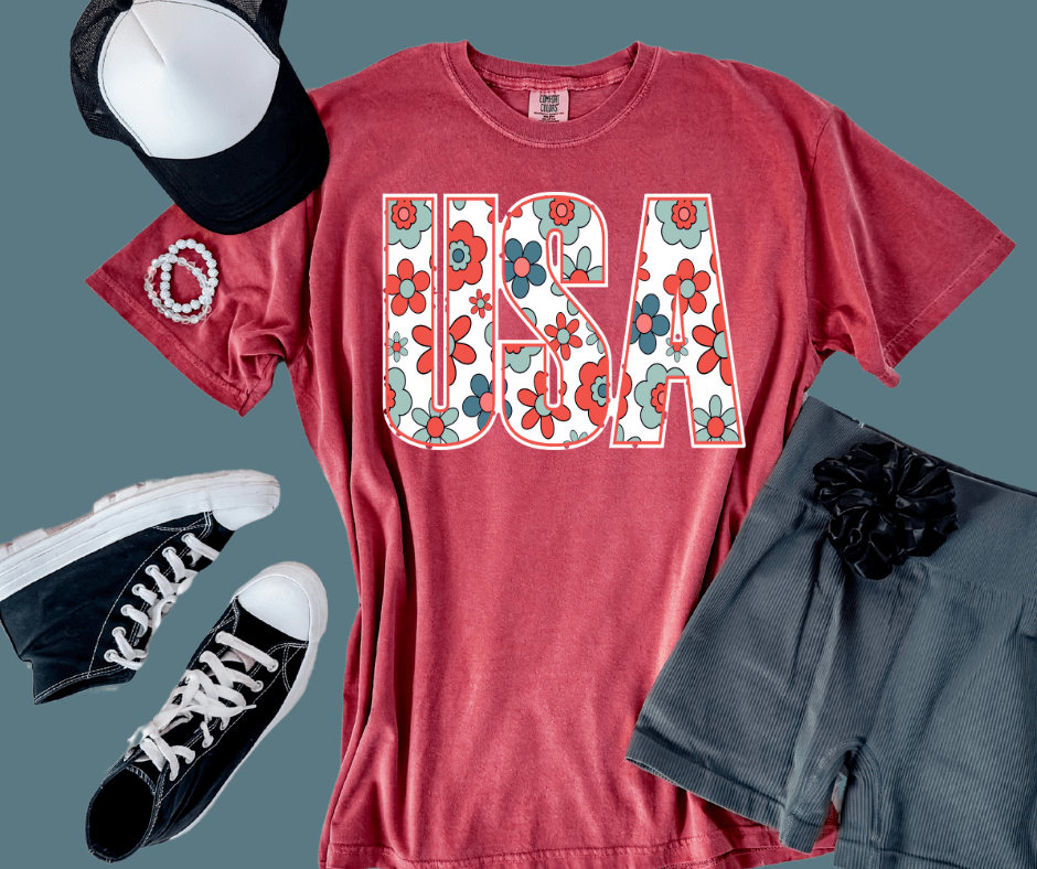Retro Floral USA Crimson Tee - Graphic Tee - The Red Rival