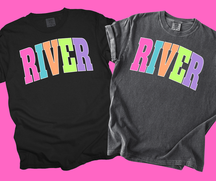 RIVER - Multi - Color Varsity Letters (Pick your tee color) - Graphic Tee - The Red Rival