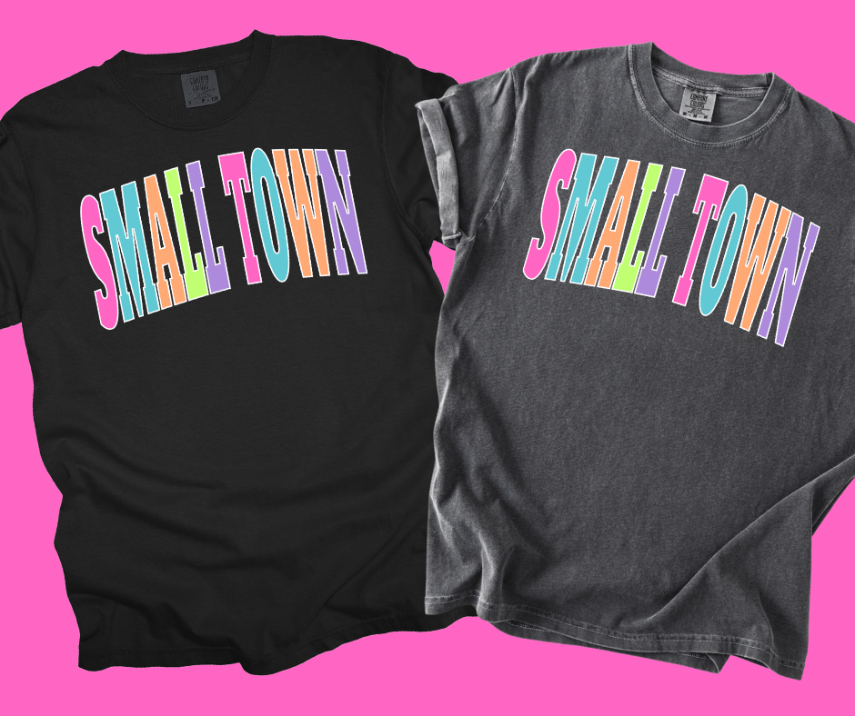 SMALL TOWN - Multi - Color Varsity Letters (Pick your tee color) - Graphic Tee - The Red Rival