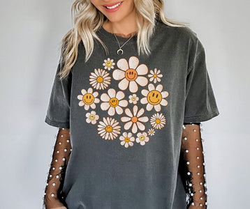 Smile Face Daisies Dark Grey Tee - Graphic Tee - The Red Rival