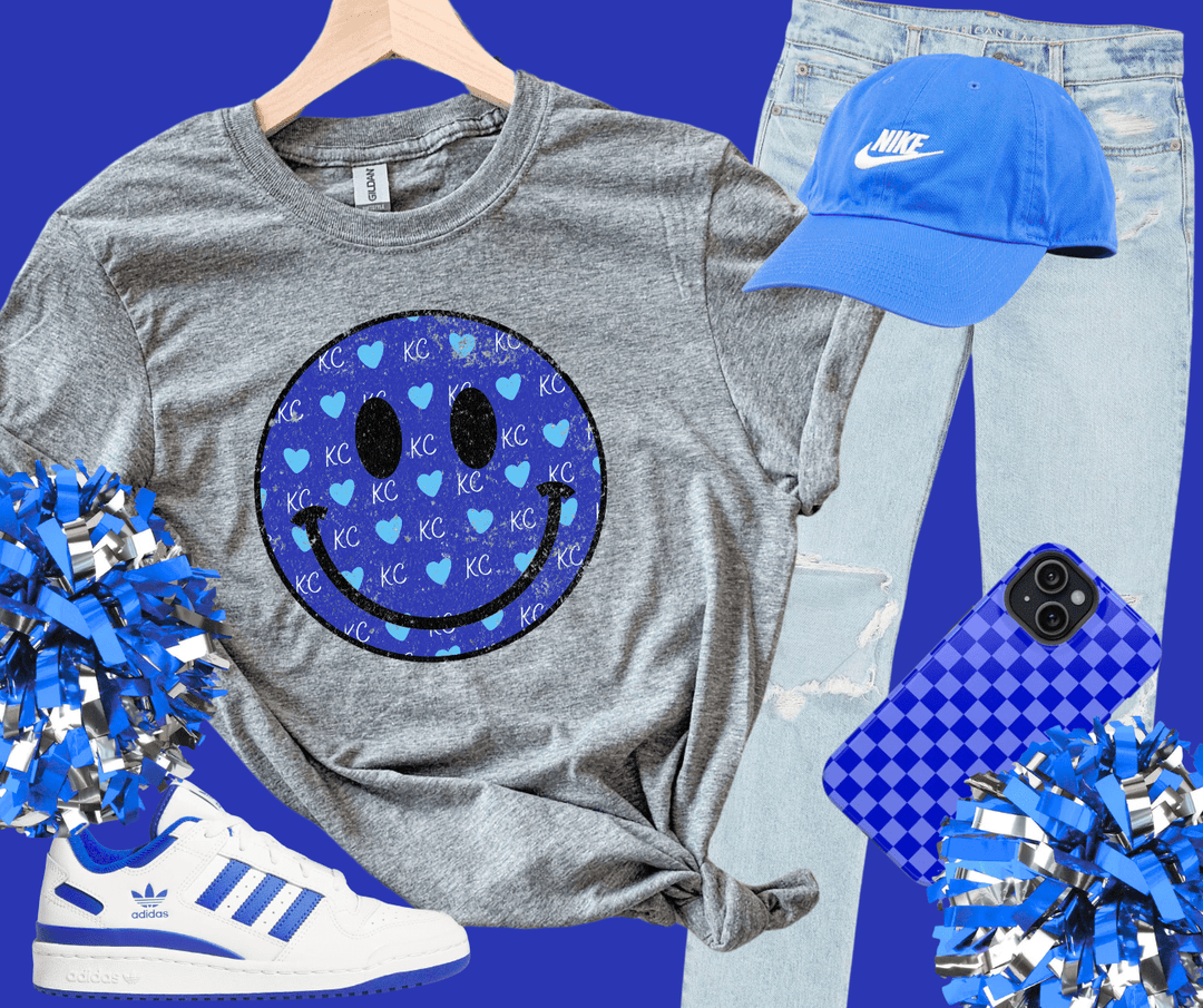 Solid Blue Distressed KC Hearts Smile Face Heather Grey Tee - Tees - The Red Rival