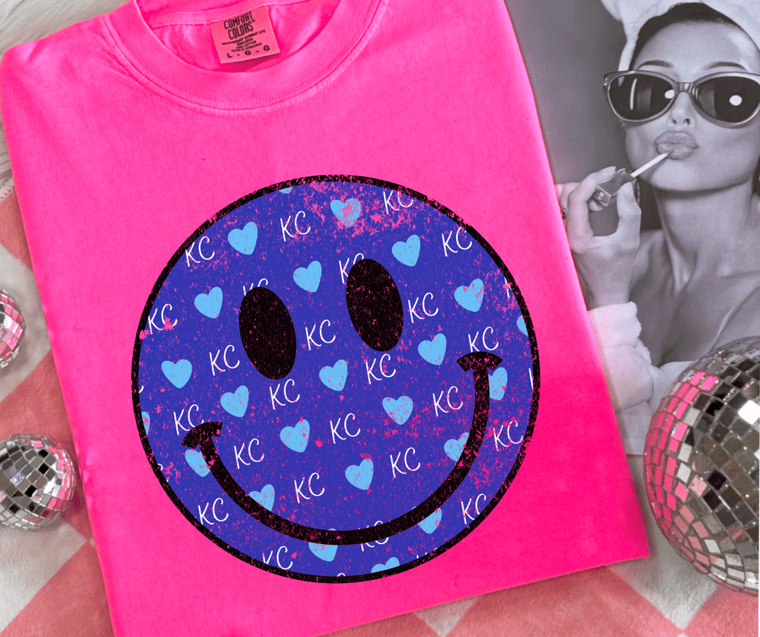 Solid Blue Distressed KC Hearts Smile Face Neon Pink Tee - Tees - The Red Rival