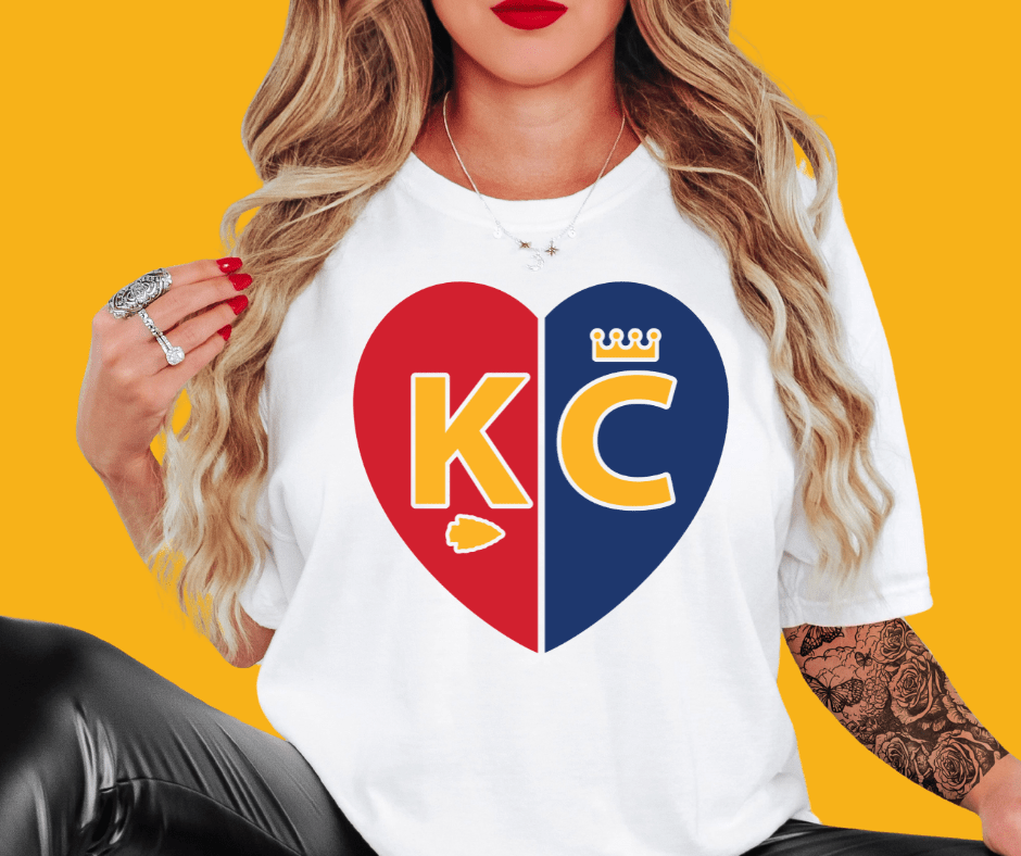 Solid Red/Blue KC Split Heart on WHITE Sweatshirt or Tee - Wholesale - The Red Rival