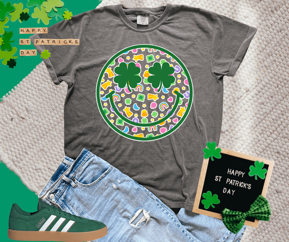 St Patricks Day Doodle Icons Happy Face Charcoal Tee - Wholesale - The Red Rival