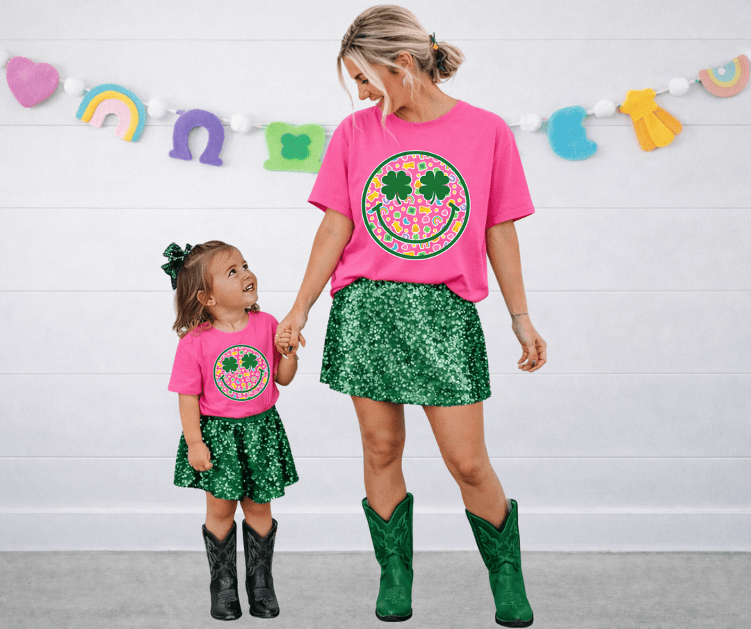 St Pats Doodle Icons Happy Face Pink Tee or Sweatshirt - Tees - The Red Rival