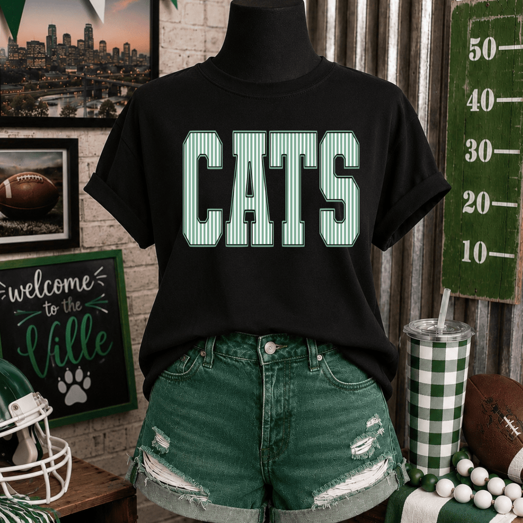Striped Cats Letters Black Tee - Tees - The Red Rival
