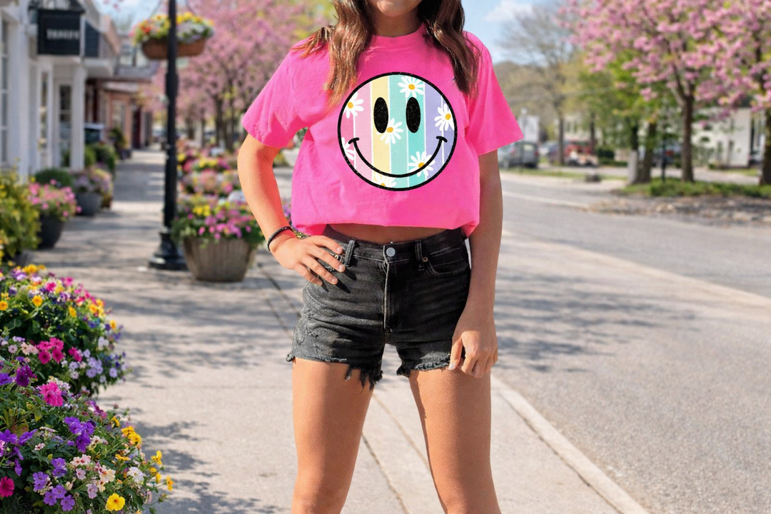 Striped Daisy Smile Face Neon Pink Tee - Tees - The Red Rival