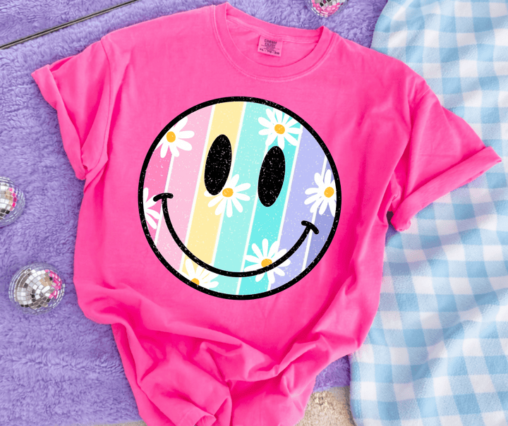 Striped Daisy Smile Face Neon Pink Tee - Tees - The Red Rival