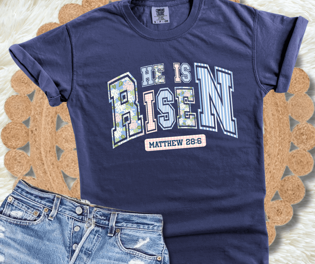 Striped Matthew 28:6 He Is Risen Navy Tee - Tees - The Red Rival