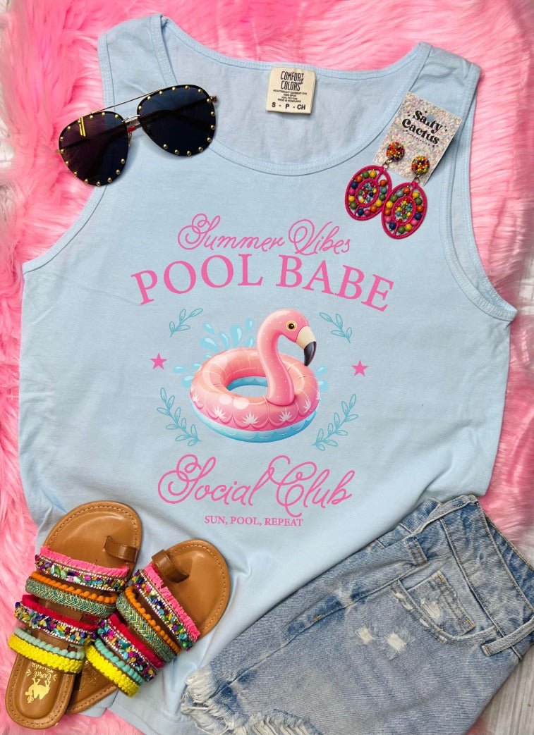 Summer Vibes Pool Babe Flamingo Floaty Light Blue Tank - Graphic Tee - The Red Rival