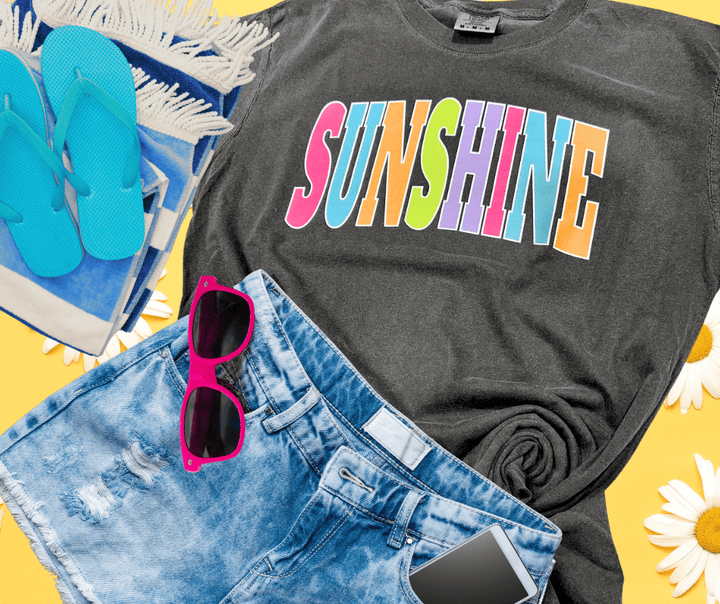 SUNSHINE - Multi - Color Varsity Letters (Pick your tee color) - Graphic Tee - The Red Rival