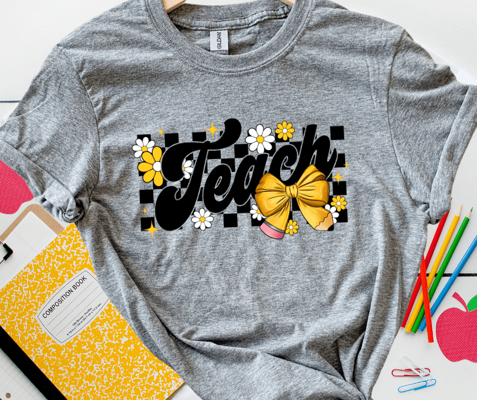 Teach Checkered Background with Pencil Bow - Tees - The Red Rival