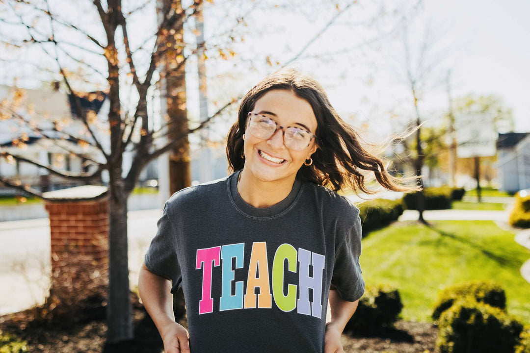TEACH - Multi - Color Varsity Letters (Pick your tee color) - Graphic Tee - The Red Rival