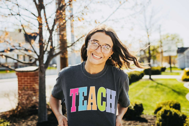TEACH - Multi - Color Varsity Letters (Pick your tee color) - Graphic Tee - The Red Rival