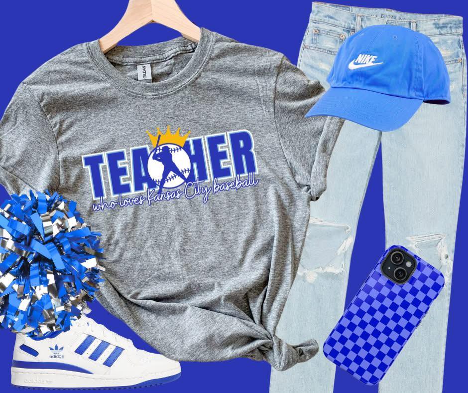 Teacher Who Loves Kansas City Baseball w/ Ball in CENTER Grey Tee - Tees - The Red Rival