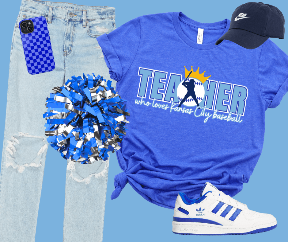 Teacher Who Loves Kansas City Baseball w/ Ball in CENTER Heather Blue Tee - Tees - The Red Rival