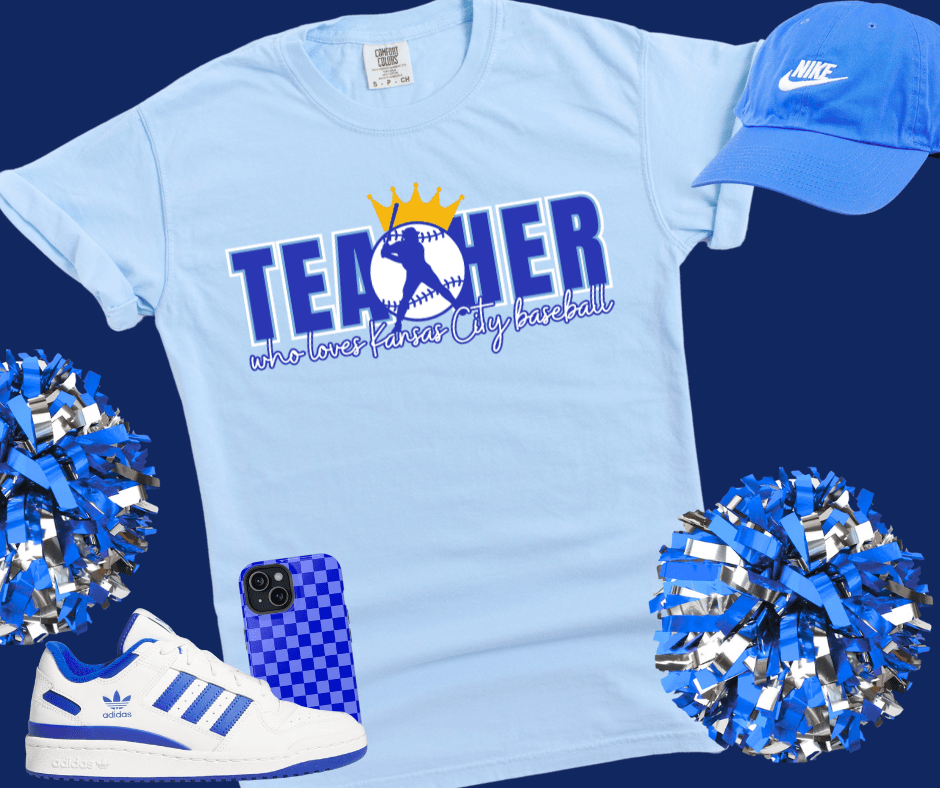 Teacher Who Loves Kansas City Baseball w/ Ball in CENTER Light Blue Tee - Tees - The Red Rival