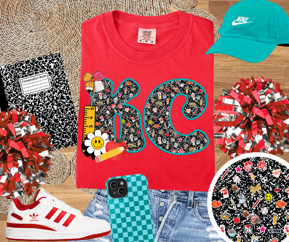 Teal KC Composition Letters Red Tee - Tees - The Red Rival