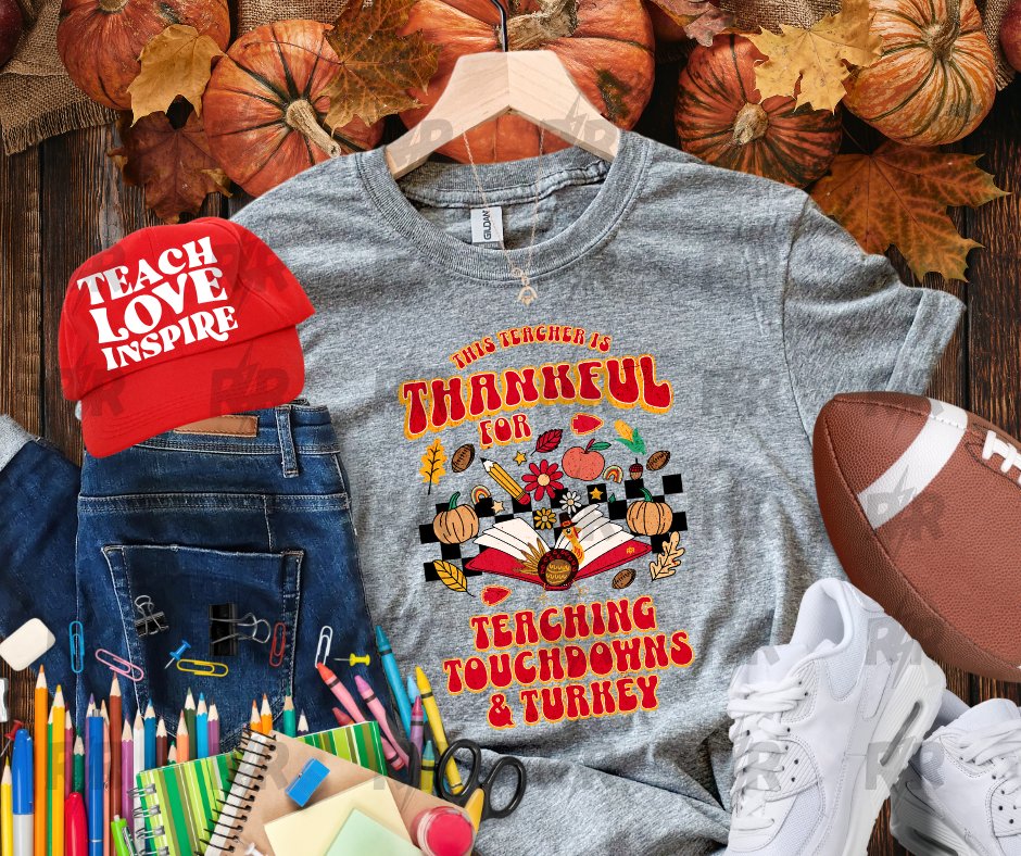 This Teacher is Thankful for Teaching, Touchdowns & Turkey grey tee - Tees - The Red Rival