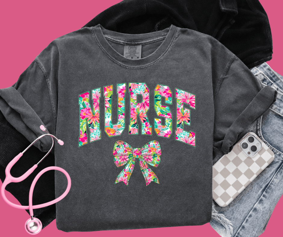 Tropical Floral Nurse Bow - Graphic Tee - The Red Rival