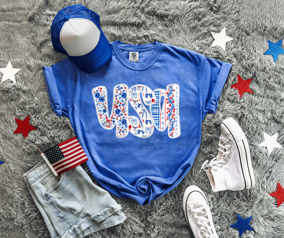 USA Floral & Bow Mystic Blue Tee - Graphic Tee - The Red Rival