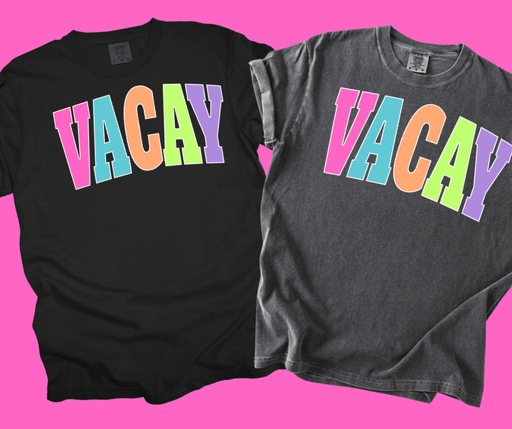 VACAY - Multi - Color Varsity Letters (Pick your tee color) - Graphic Tee - The Red Rival