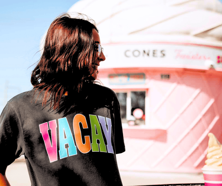 VACAY - Multi - Color Varsity Letters (Pick your tee color) - Graphic Tee - The Red Rival