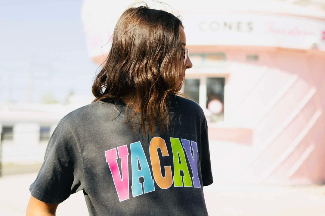VACAY - Multi - Color Varsity Letters (Pick your tee color) - Graphic Tee - The Red Rival
