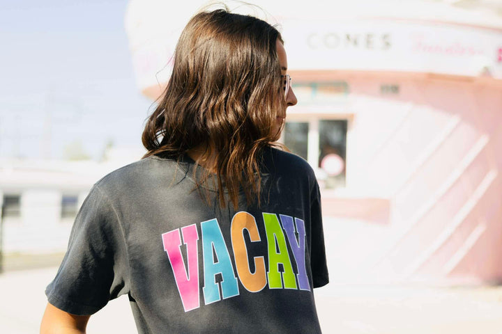 VACAY - Multi - Color Varsity Letters (Pick your tee color) - Graphic Tee - The Red Rival