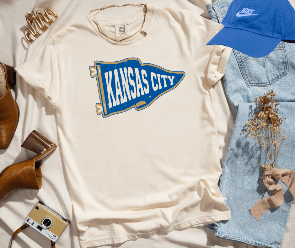 Vintage Gold/Blue Kansas City Pennant Ivory Tee - Tees - The Red Rival