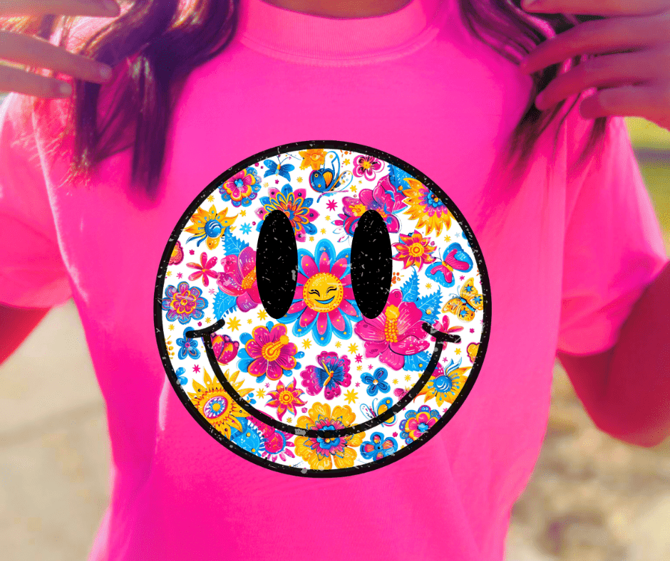 White Background Colorful Floral Smiley Face Tee - Graphic Tee - The Red Rival