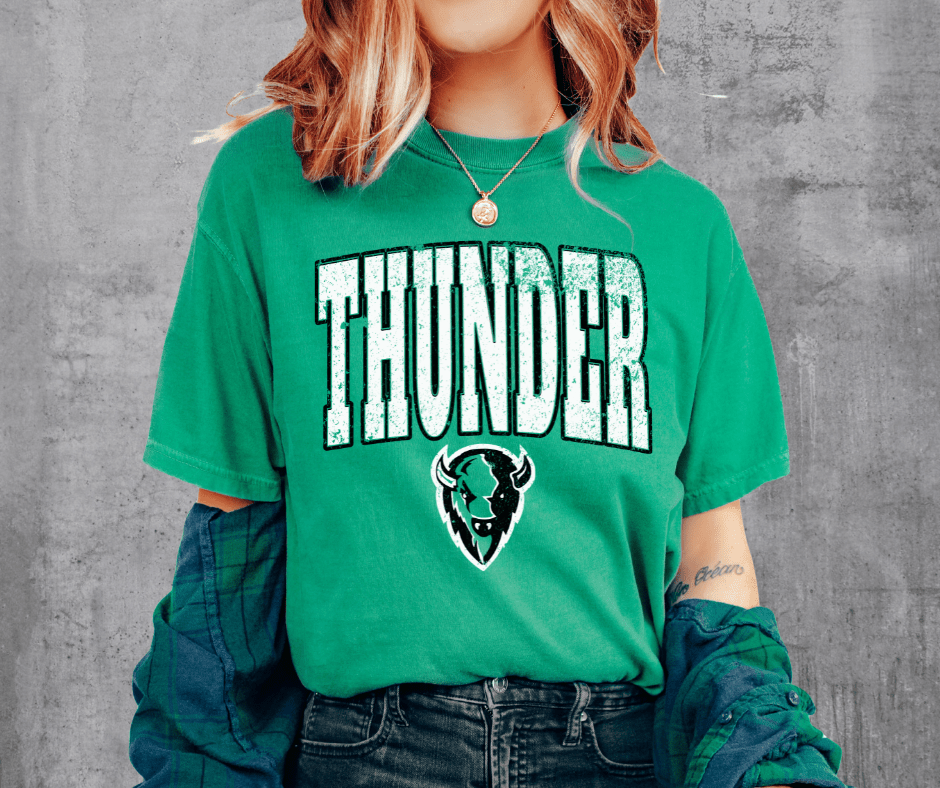 White Distressed Thunder Mascot on Green Tee - Wholesale - The Red Rival