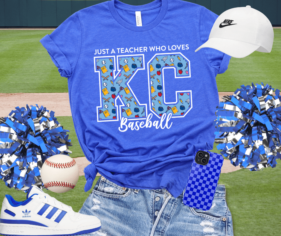 White Icon Letters - Just a teacher who loves KC baseball Royal Heather Blue Tee - Tees - The Red Rival
