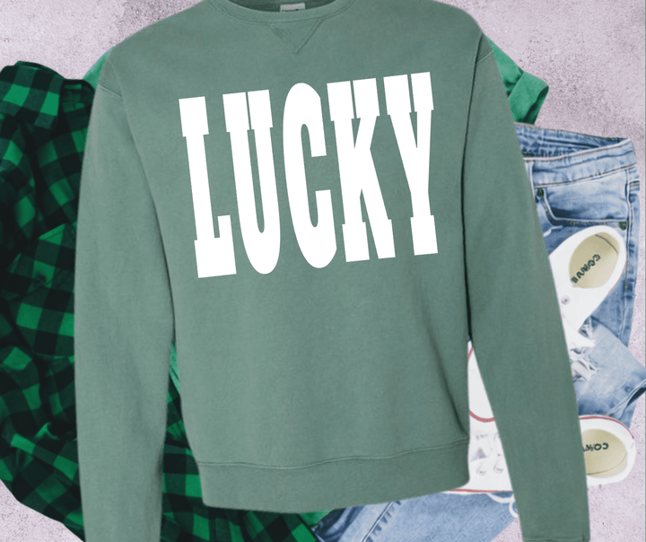 WHITE LUCKY LETTERS Green Sweatshirt or Tee (Pick Your Style) - Tees - The Red Rival