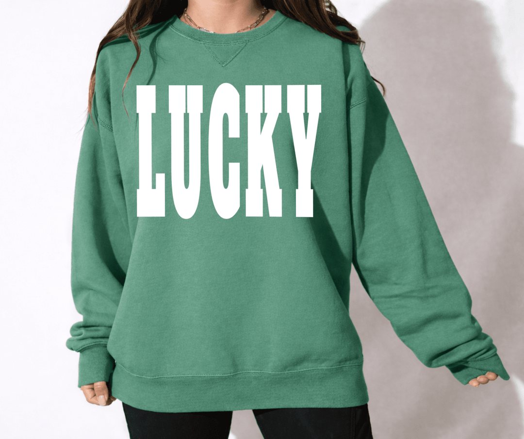 WHITE LUCKY LETTERS Green Sweatshirt or Tee (Pick Your Style) - Tees - The Red Rival