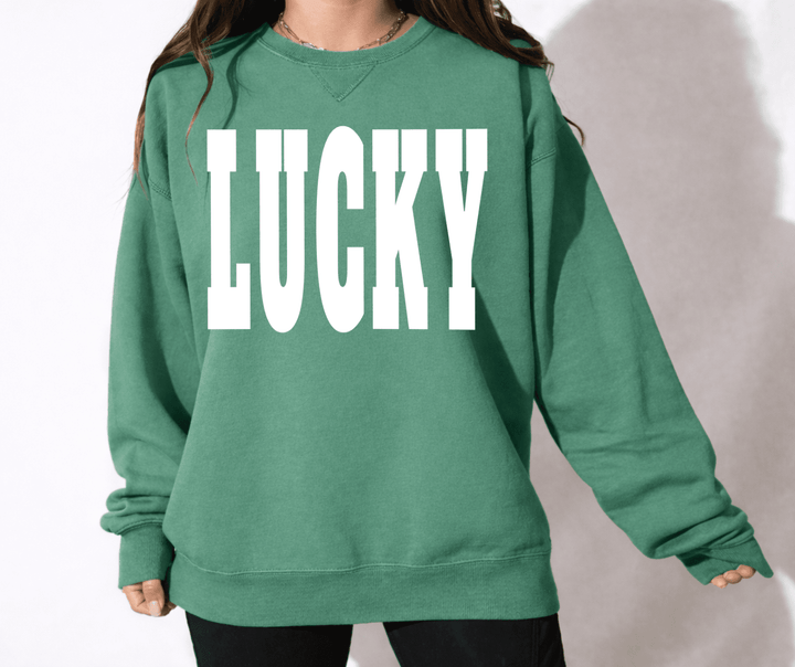 WHITE LUCKY LETTERS Green Sweatshirt or Tee (Pick Your Style) - Tees - The Red Rival