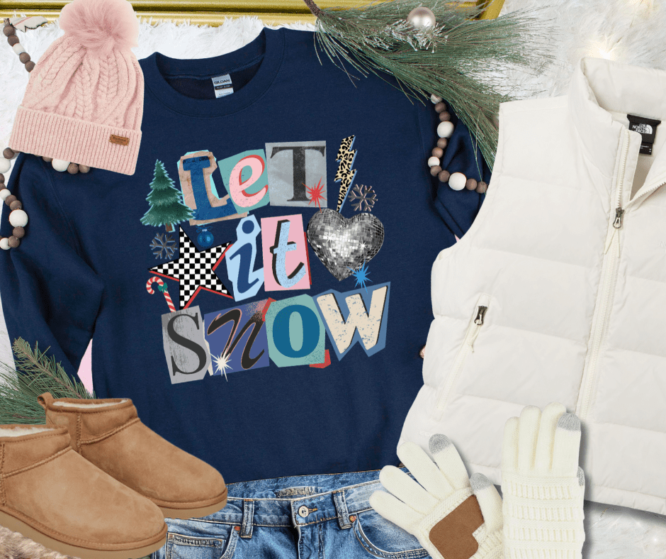 Y2K Let It Snow Paper Letters Navy Tee or Sweatshirt - Graphic Tee - The Red Rival