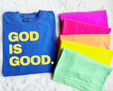 Yellow God Is Good on Blue Tee - Graphic Tee - The Red Rival