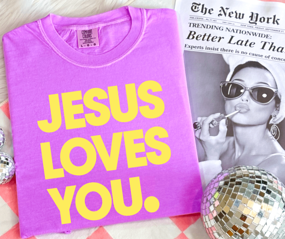 Yellow Jesus Loves You on Purple Tee - Graphic Tee - The Red Rival