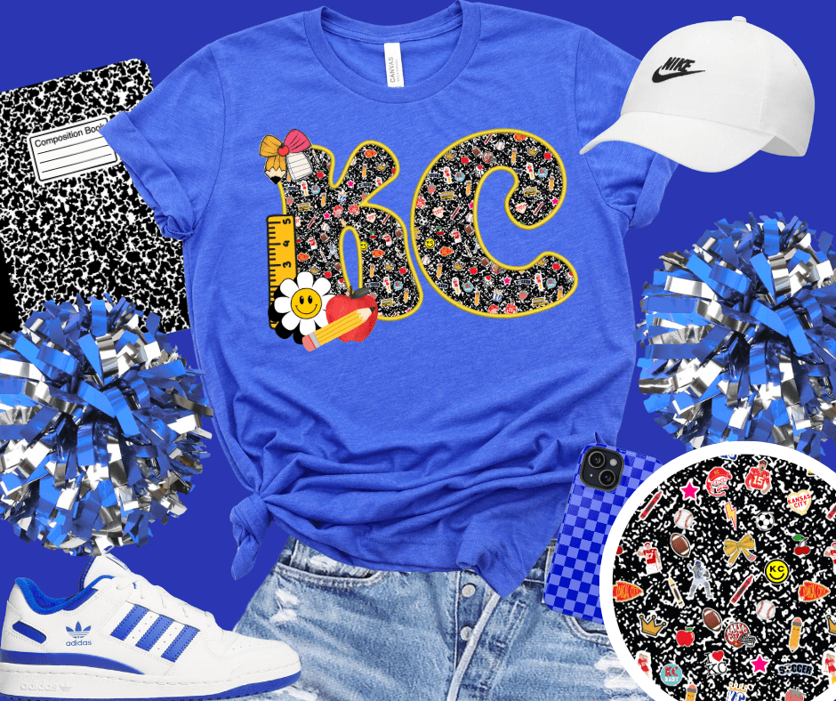 Yellow KC Composition Letters Heather Royal Blue Tee - Tees - The Red Rival