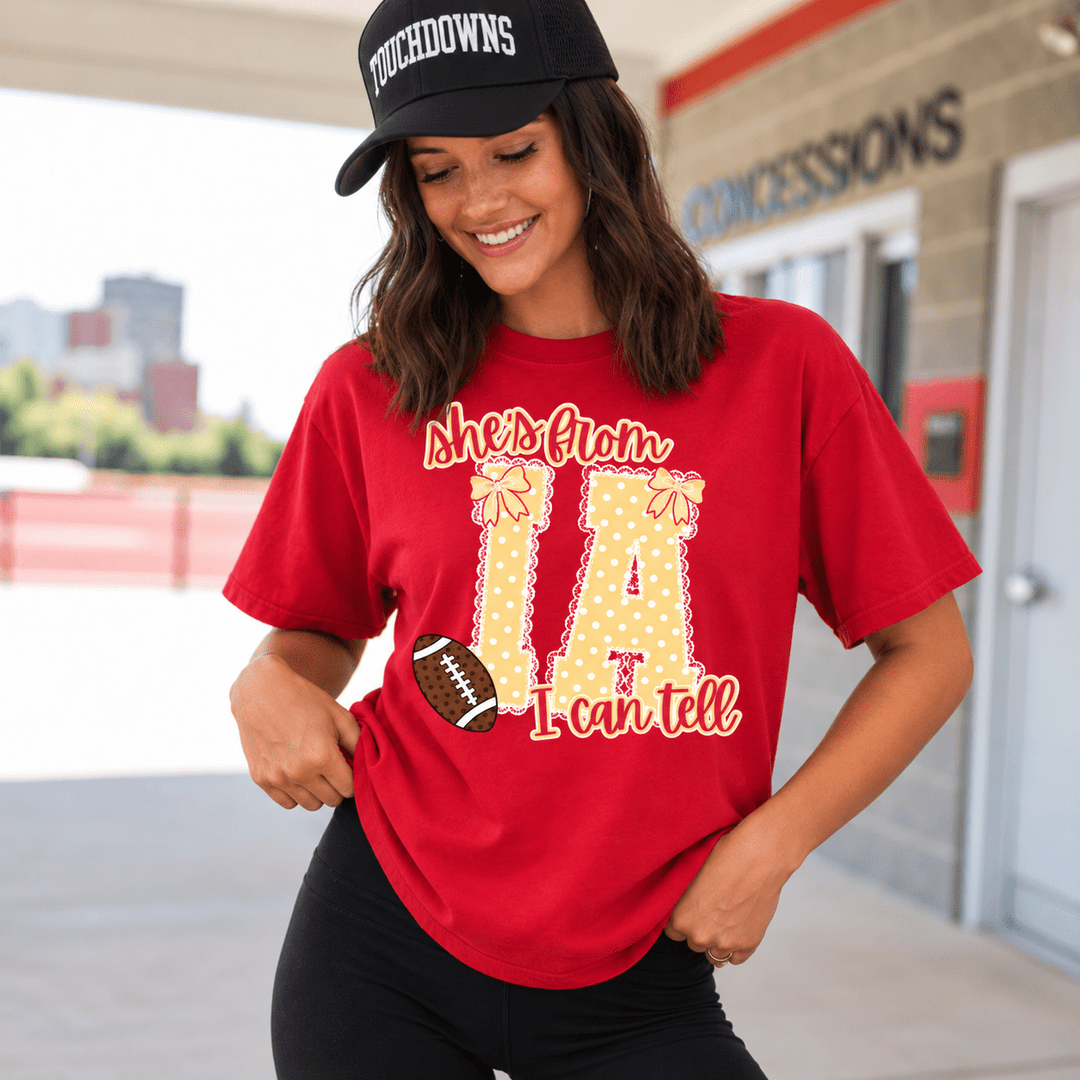 Yellow She's from I-A I Can Tell Polkadot Lace Letters Red Tee or Sweatshirt - Tees - The Red Rival