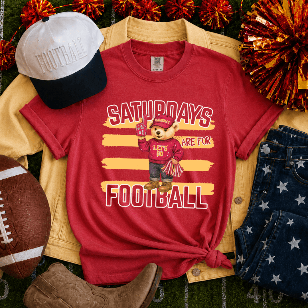 Yellow Stripes Bear Saturdays are for Football Red Tee - Tees - The Red Rival