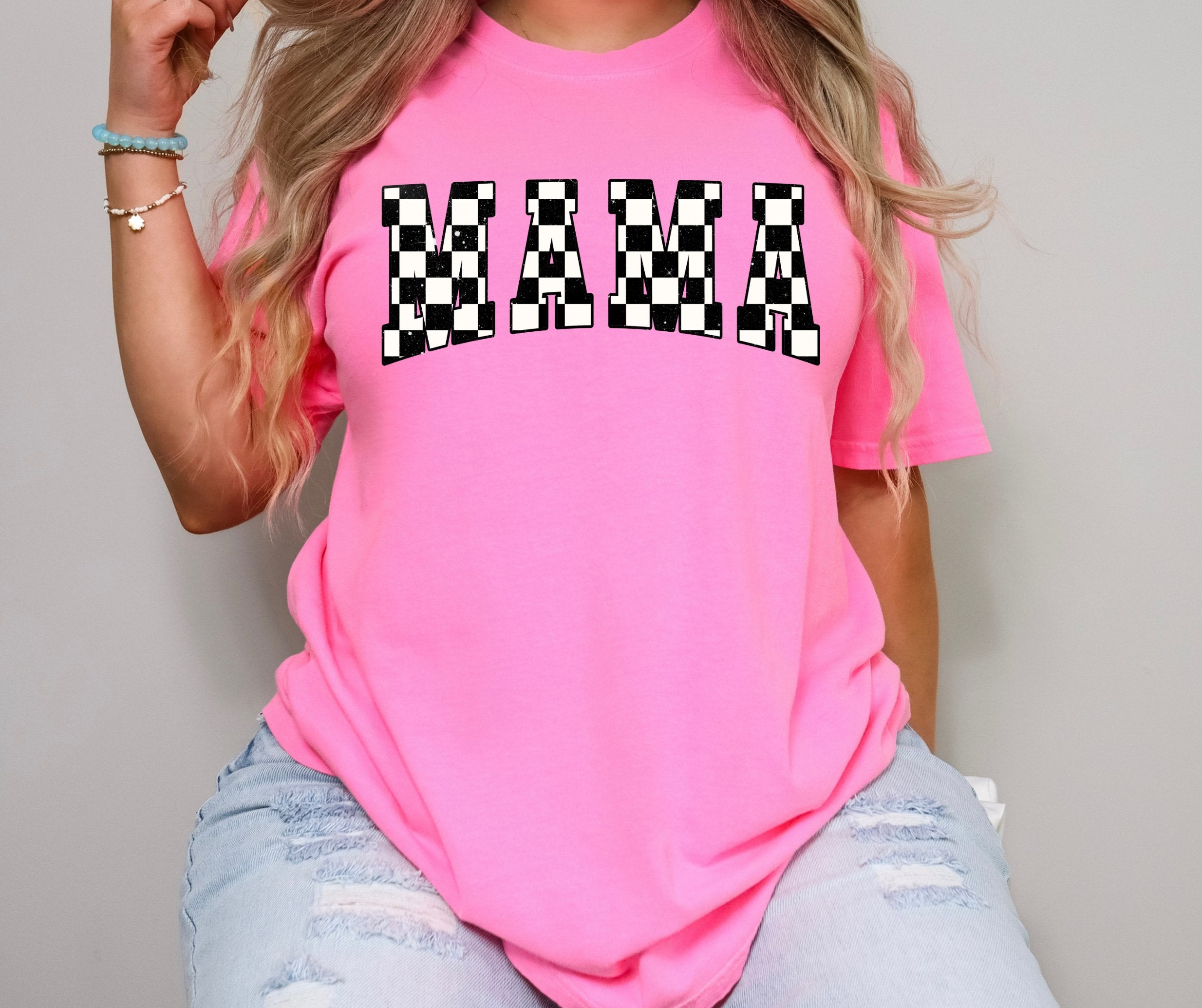 Checkered Mama Neon Pink Tee - Graphic Tee - The Red Rival