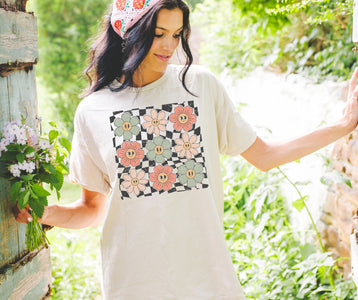 Flower Checkered Pattern Natural Tee - Graphic Tee - The Red Rival