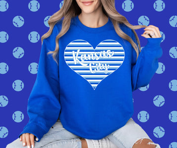 Kansas City Striped Heart Royal Blue Graphic Sweatshirt - Graphic Tee - The Red Rival