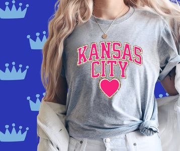 Pink Faux Chenille Letters Kansas City Heart Grey Graphic Tee - Tees - The Red Rival