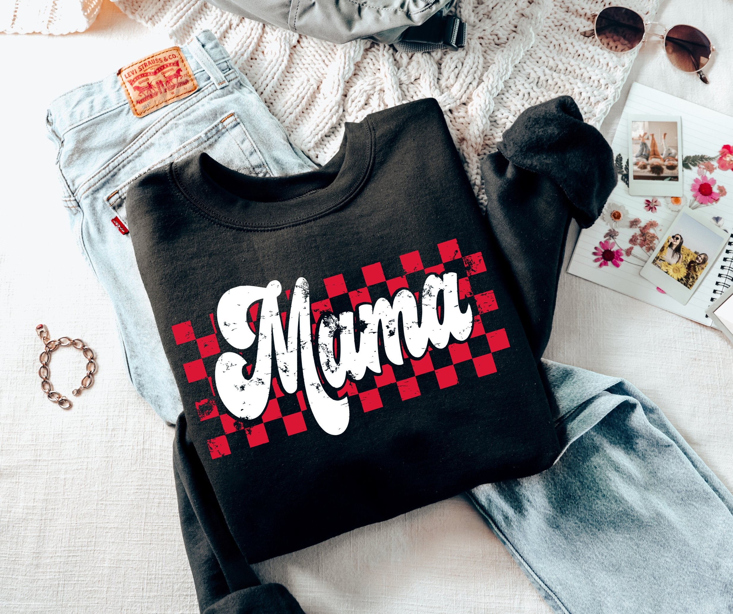 Retro Checkered Mama Black Sweatshirt - Graphic Tee - The Red Rival