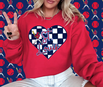 St. Louis Cardinal Checkered Heart Red Graphic Sweatshirt - Graphic Tee - The Red Rival